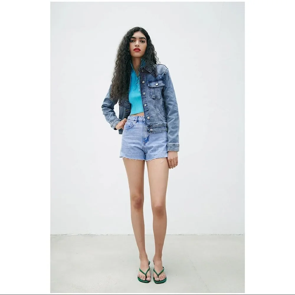 ZARA-FITTED Denim Mid Wash Distressed Jacket - Picture 2 of 13